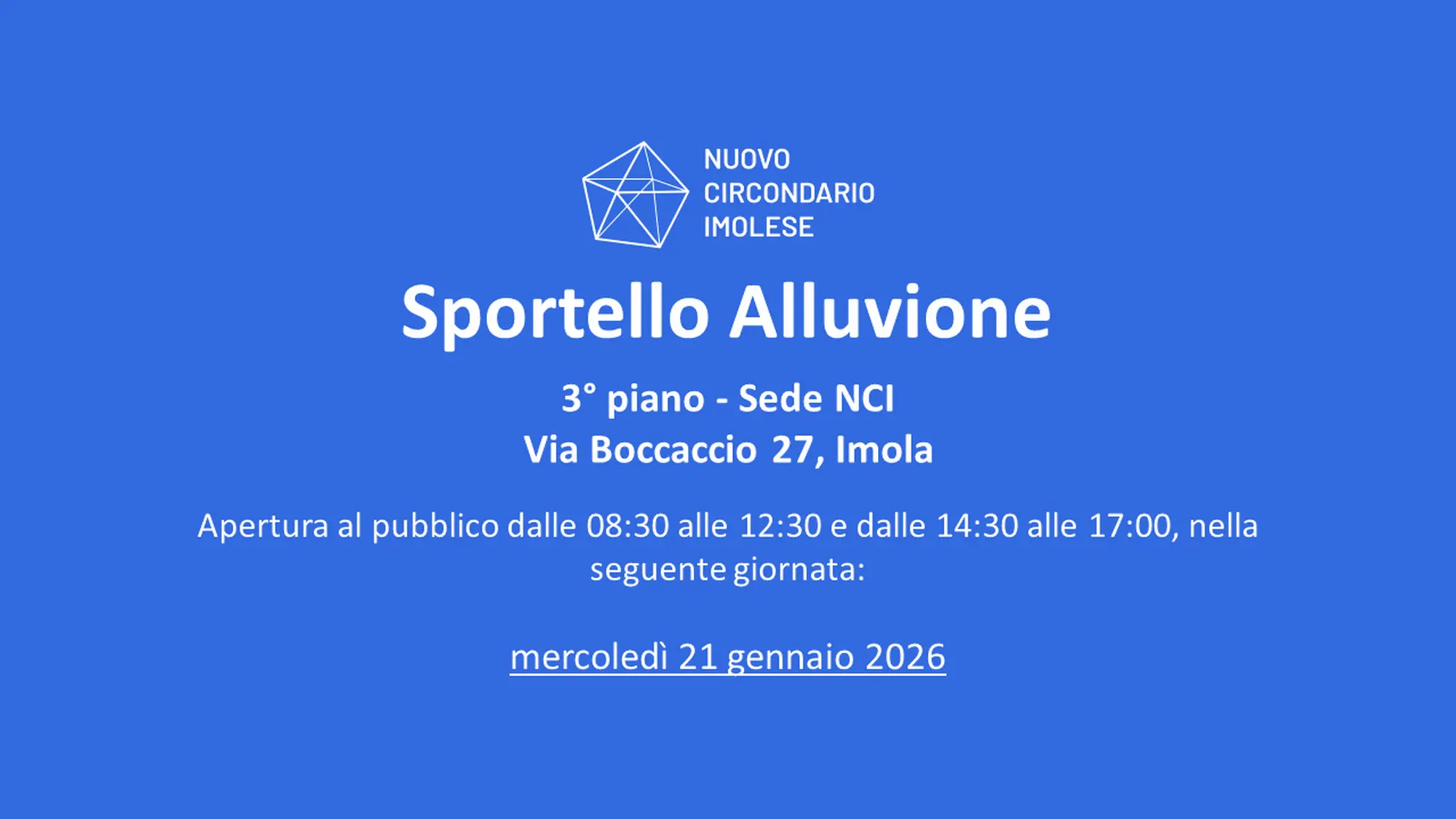 Servizio Ricostruzione Alluvione: sportello pubblico NCI aperto il 21 gennaio 2026